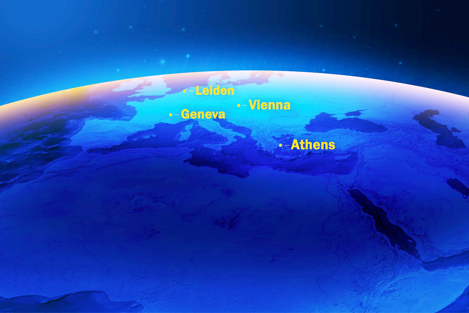Rendering of the earth with the four European campus proximities marked and labelled.